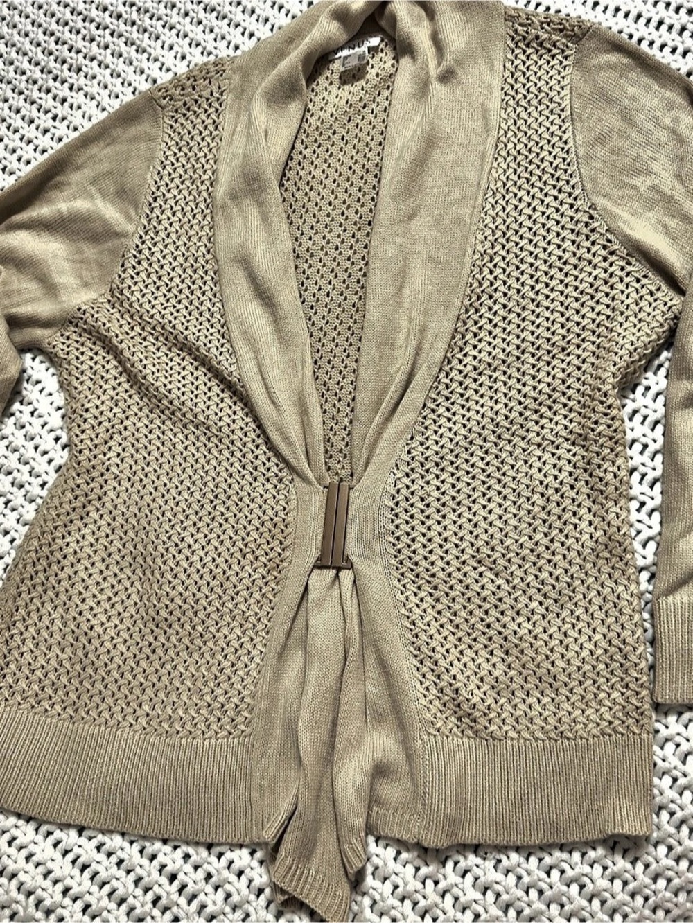 Venus Open-Knit Shawl Collar Cardigan with Metal Front Buckle Beige size XL